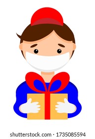 young courier with a gift - safe contactless delivery - present and gift delivery - online order 