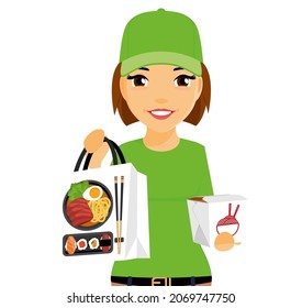 A young courier girl holds sushi in her hand, sushi delivery service. Sale and delivery of sushi. Flat style on a white background. Cartoon