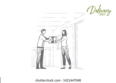Young courier gives customer cardboard box, woman receives mail, postman profession, logistics. Express delivery service, parcel transportation concept sketch. Hand drawn vector illustration