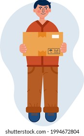 Young courier holding a large box, fast delivery service. Man brought the parsel. Flat cartoon character. Vector isolated illustration, isolated on white background