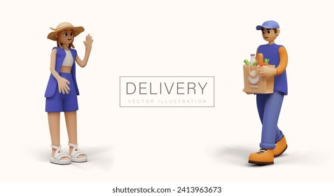 Young courier holding paper bag with different products and carrying it to pretty female. Concept of fast delivery from supermarket. Vector illustration in 3d style