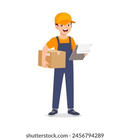 young courier man holding package and clipboard