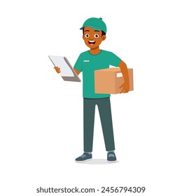 young courier man holding package and clipboard