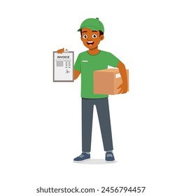 young courier man holding package and clipboard