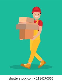 Young courier man with parcels in his hands.