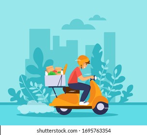 Young Courier Man Riding On Delivery Scooter With Food Box. Grocery Delivery Vector Concept. City Landscape Background. Flat Cartoon Illustration.