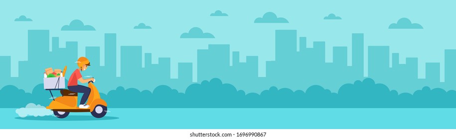 Young courier man riding on delivery scooter with food box. Grocery delivery vector concept. Panoramic banner with space for text and city landscape background. Flat cartoon illustration.