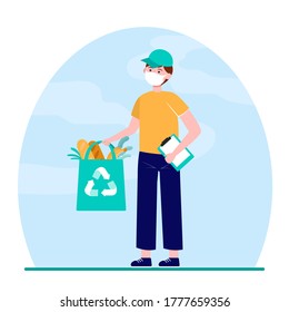 Young courier in mask holding meal from grocery store. Order, quarantine, food flat vector illustration. Shopping at home and delivery concept for banner, website design or landing web page