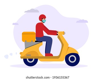 Young courier in medical mask deliver the products ordered online on  orange scooter or motorcycle. Vector flat style. Concept of coronavirus quarantine. 
