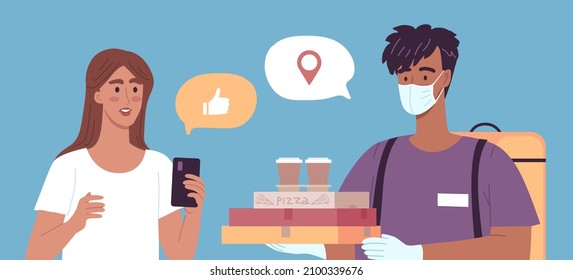 A young courier with medical mask and gloves delivers some food orders to a customer. Vector illustration of Quarantine regulations