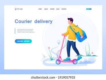 Young Courier On An Electric Scooter, Fast Food Delivery To the Office And Home. Flat 2D Landing Page.