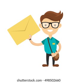 Young courier or postman delivered the letter. You have a letter concept. Vector flat cartoon character illustration isolated on white background