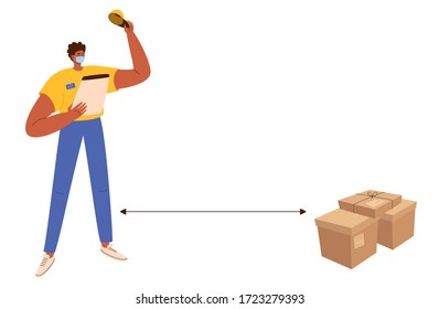 A young courier in a protective mask waves his hand at a safe distance from the delivered boxes. Vector stock illustration of a contactless delivery concept. 