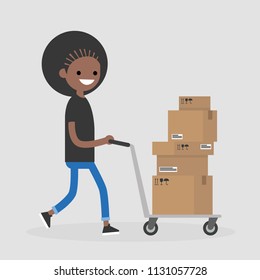 Young courier rolling a pushcart. Cargo. Delivery service. Flat editable vector illustration, clip art