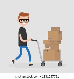 Young courier rolling a pushcart. Cargo. Delivery service. Flat editable vector illustration, clip art