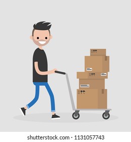 Young courier rolling a pushcart. Cargo. Delivery service. Flat editable vector illustration, clip art