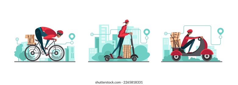 Young couriers delivering parcels using different transport. Fast delivery services. Internet store online order. Modern postal systems. Regional parcel carriers on bike and scooters. Vector