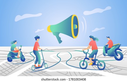 Young couriers go to the invitation shout. People want to share their suggestions against the sky and gray map. Delivery concept by moped, bicycle, electric scooter.