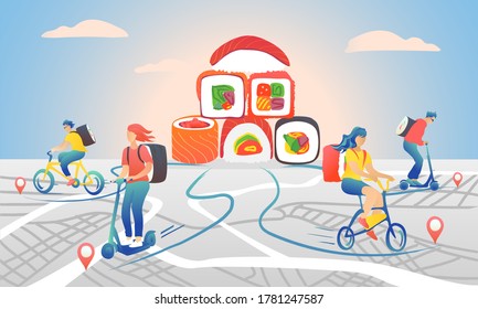 Young couriers travel by transport delivering sushi rolls against the background of the map and the sky. People with sushi bag. Large conceptual sushi pyramid. The concept of fast delivery on a moped