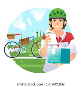 young courrier boy deliver the package riding bycicle and giving receipt to customer banner vector illustration. used for web banner, poster and other