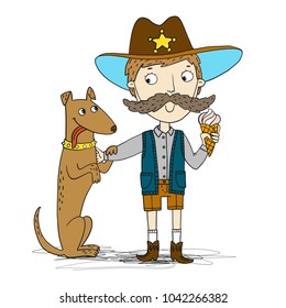 Young cowboy character with ice cream and his dog. Vector children book illustration.