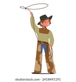 Young Cowboy Character Twirls Rope In A Vibrant Western Ensemble: Fringed Leather Pants, Boots, And A Wide-brimmed Hat. Spirited Spins Capture The Essence Of Frontier Fun. Cartoon People Illustration