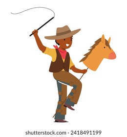 Young Cowboy Character In A Vibrant Costume, Atop A Wooden Horse, Gallops With Boundless Joy, His Imagination Wild And Free, Echoing The Spirit Of The Frontier. Cartoon People Vector Illustration