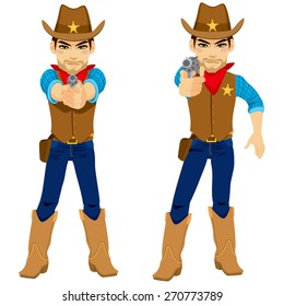 Young cowboy on two poses aiming revolver holding gun with both hands and with only right hand