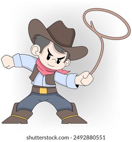 young cowboy playing with a lasso, illustration of a livestock guard