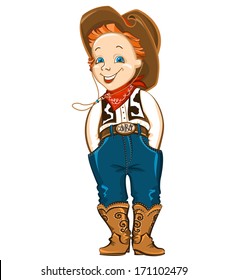 Young cowboy with western hat and boots.Vector happy kid illustration for party birthday 