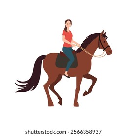 Young cowboy woman girl riding western horse. Flat vector illustration isolated on white background