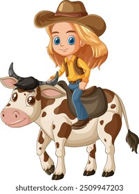 Young cowgirl happily riding a spotted cow