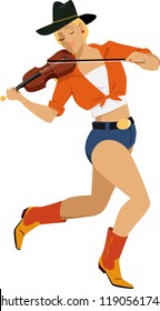 Young Cowgirl In Western Style Clothes Playing Fiddle, EPS 8 Vector Illustration