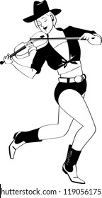 Young cowgirl in western style clothes playing fiddle, EPS 8 vector line illustration, no white objects