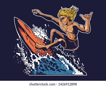 Young crazy man surfer which surfing on big good blue wave in beautiful place between ocean sea summer beach with palm and hot sun. Vintage poster style. Modern vector illustration cartoon character