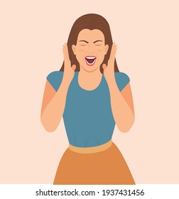Young crazy woman screaming. Face expression with reaction and negative emotions. Insane or annoyed woman shouting emotional with open mouth and closed eyes in despair. isolated Vector illustration