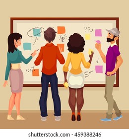 Young creative business people brainstorming ideas at the board, sketch style vector illustration. Multiethnic group of young people hold a brainstorm standing at the board and using sticky notes