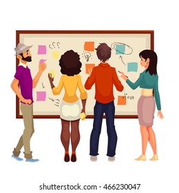 Young creative business people brainstorming ideas at the board, sketch style vector illustration. Multiethnic group of young people hold a brainstorm standing at the board and using sticky notes