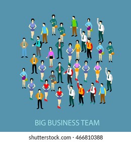 Young creative business people team in trendy flat style on blue background. Colorful businessmen and businesswomen