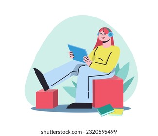 Young creative freelancer holding tablet and working at home. Benefits of remote job. Idea of distant work. Modern convenient workplace. Vector illustration in flat design
