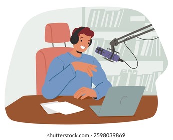 Young creative guy blogger cartoon character sitting front of laptop recording speech for podcast at home studio. Professional streamer broadcasting live audio show for audience vector illustration