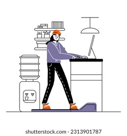 Young creative lady standing on walking pad near table and typing on computer. Doing job online in coworking space. Healthy lifestyle, doing sport at work concept. Flat vector illustration