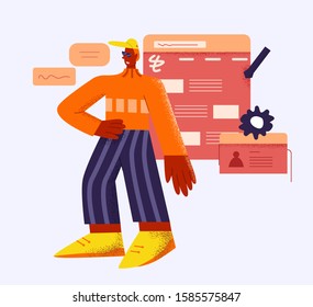 Young creative male web designer posing at websites logo landing page icon isolated at white background. Hipster man IT digital freelancer flat vector illustration big limbs style
