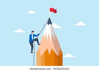 Young creative man climbing pencil mountain, aiming to reach winning flag at peak. Concept of challenges to achieve goals, win in business, creativity, motivation, and inspiration to reach targets