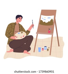 Young creative man in green shirt is drawing a picture at easel with paintbrush.Professional artist.Work at home as freelancer or hobby.Hand drawn style vector flat illustrations.Colorful character