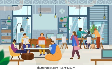 Young creative people working in coworking office. Open space, loft, coworking space interior with modern furniture. Flat vector illustration.