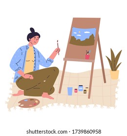 Young creative woman in blue shirt is drawing a picture at easel with paintbrush.Professional artist.Work at home as freelancer or hobby.Hand drawn style vector flat illustrations.Colorful character