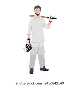 Young Cricket bearded batsman standing with pose. Flat vector illustration isolated on white background