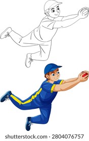 A young cricket fielder dives to catch a red ball in flat vector style