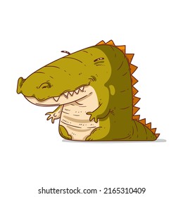 A Young Crocodile Sitting, isolated vector illustration. Cute cartoon picture of a funny frolic baby alligator. A laughing croc sticker. Simple humorous smiling gator drawing on white background